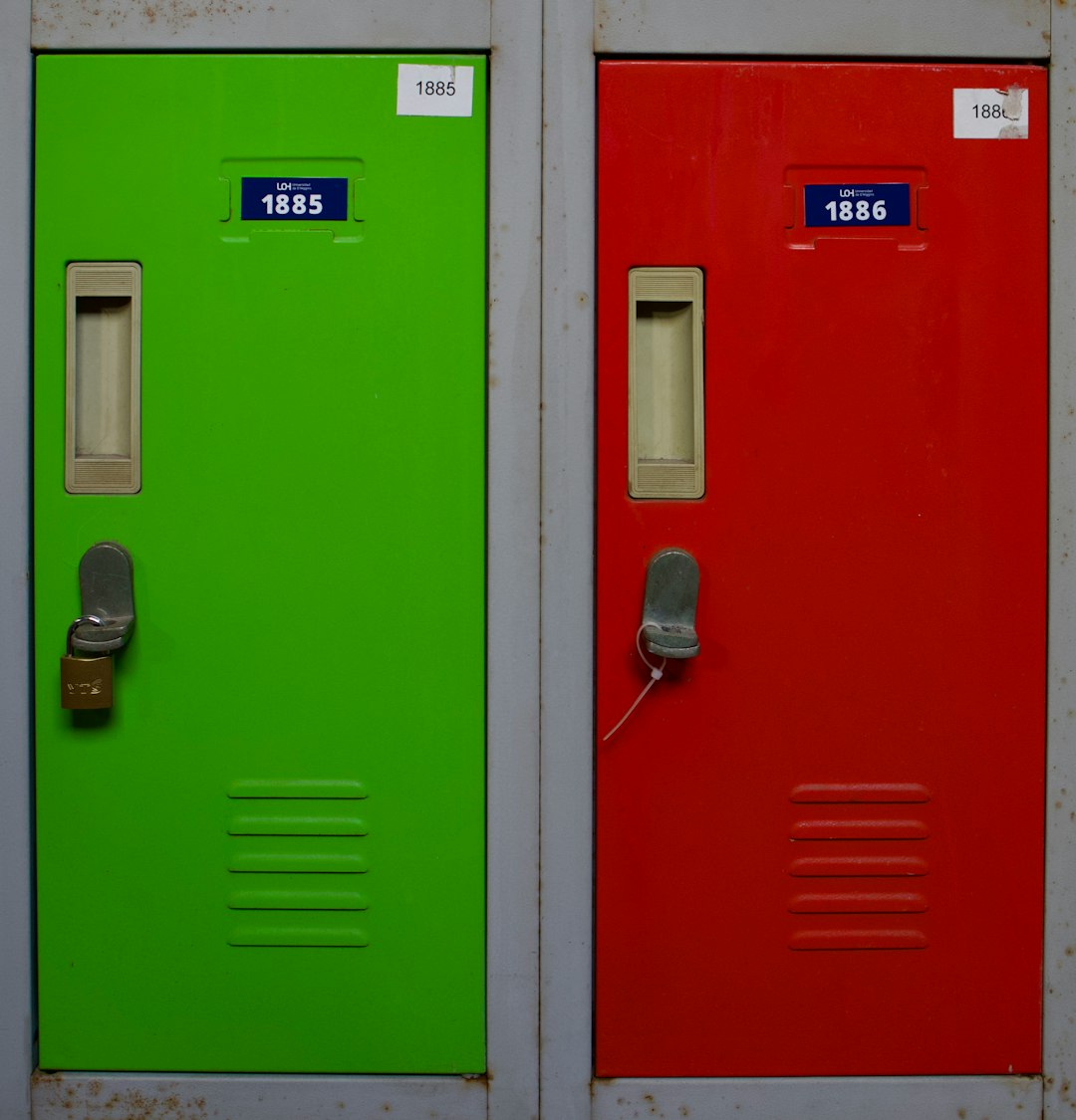 A row of colorful lockers sitting next to each other