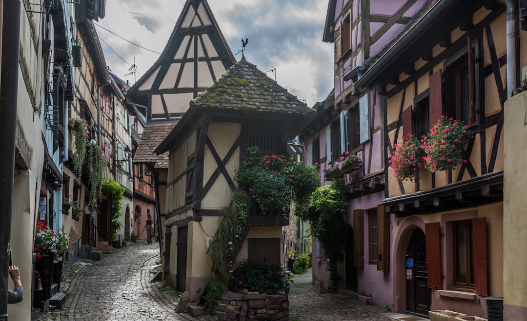 Narrow cobblestone street lined with colorful historic buildings.